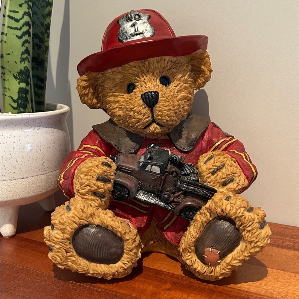 Young's Firefighter Truck Teddy Bear Figurine Resin Plactic Injection Molded 9''